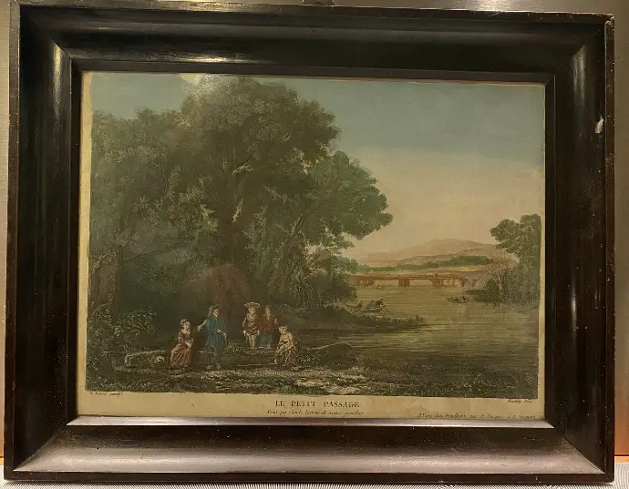 Gravure originale en couleur XVIIIème Claude Lorrain. Encadré sous verre.  Original 18th century color engraving by Claude Lorrain. Framed under glass.