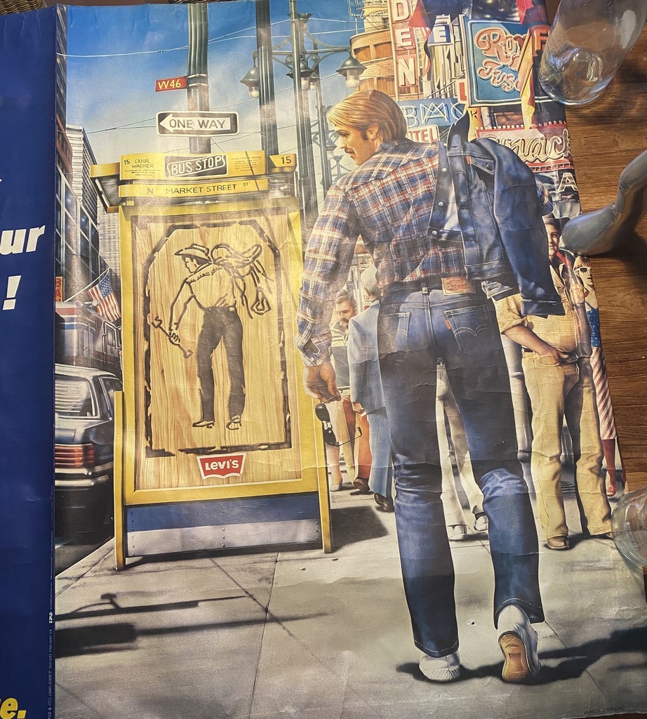 Affiche Levi’s des années 70/80 signée Claude Trouche, et de très belle taille.  Levi's poster from the 70s/80s signed Claude Trouche, and a very nice size.