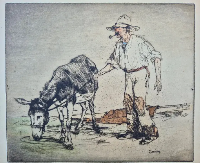 Lithographie originale polychrome, signée et numérotée Armand Coussens." L'âne et son meneur." ( 1881-1935). peinte au vernis mou de couleur. Dimension 24x28cm                                Original polychrome lithograph, signed and numbered Armand Coussens."The donkey and its leader." (1881-1935). painted with soft colored varnish. Size 24x28cm