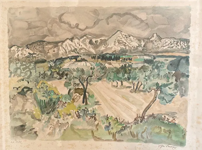 Lithographie signée Yves Brayer ( 1907-1990), intitulée " Paysage des Alpilles, numérotée 12/25, réalisée en 1973.52cmX66cm.                     Lithograph signed Yves Brayer (1907-1990), entitled "Landscape of the Alpilles", numbered 12/25, produced in 1973. It measures 52cmX66cm.