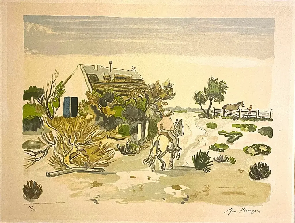 Lithographie signée Yves Brayer, (1907-1990), numérotée 217/242, et intitulée " Cabane Gardiane" de 1973. 60X50cm                                               Lithograph signed Yves Brayer, (1907-1990), numbered 217/242, and entitled "Cabane Gardiane" from 1973. It measures 60X50cm