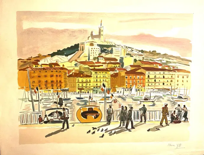 Lithographie originale Yves Brayer, pièce unique, ce bon à tirer est contresigné et daté par sa femme au dos.                                                           Original lithograph by Yves Brayer, unique piece, this proof is countersigned and dated by his wife on the back.