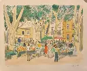 Lithographie signée Yves Brayer, Le Marché de Cordes sur Ciel, village Occitan ou à vécu l'artiste. Sur papier Japon, elle mesure 65cmx50cm . vraiment superbe. Numéroté e t monogrammée EA pour épreuve d'artiste. De 1975.                                                 Lithograph signed Yves Brayer, Le Marché de Cordes sur Ciel, Occitan village where the artist lived. On Japanese paper, it measures 65cmx50cm. really superb. Numbered and monogrammed EA for artist's proof. From 1975.
