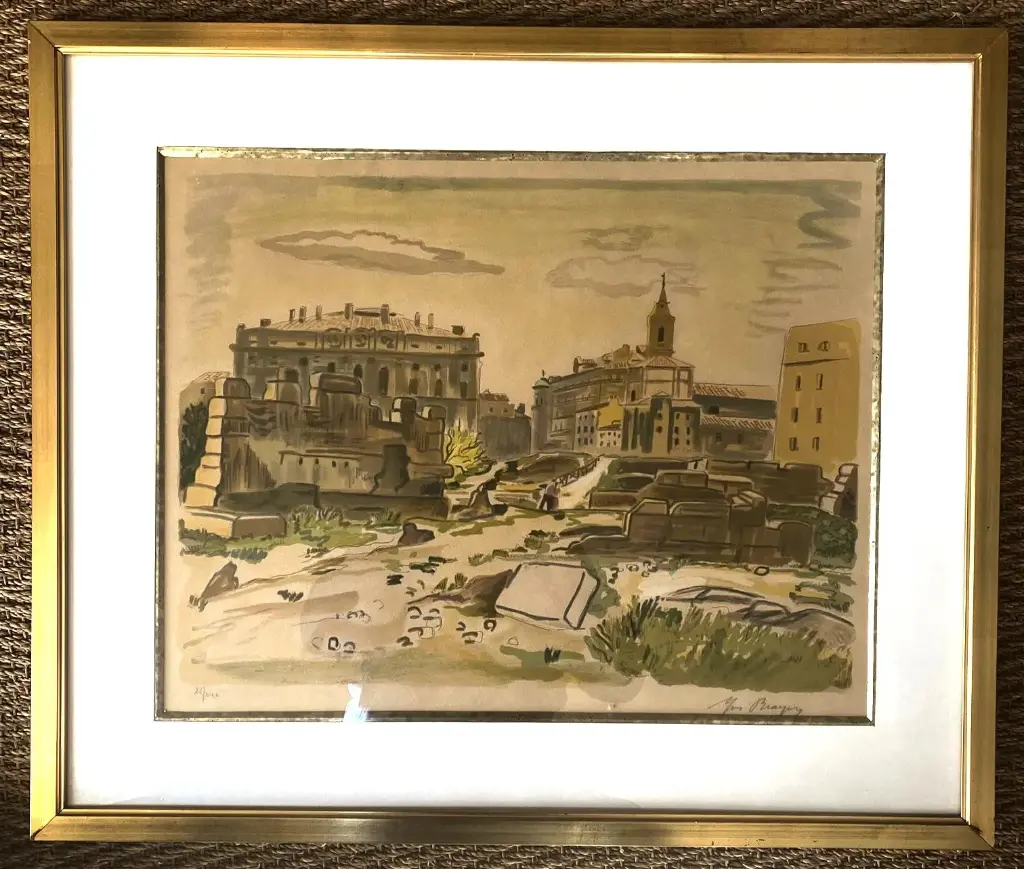 Lithographie signée Yves Brayer, Vue animée des ruines du forum romain.  Lithograph signed Yves Brayer, Animated view of the ruins of the Roman forum.