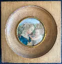 Jolie miniature ancienne, " La vierge à l'enfant" cadre en bois et contour en laiton. En bel état et finement peint. Monogrammé au dos. de 1948.