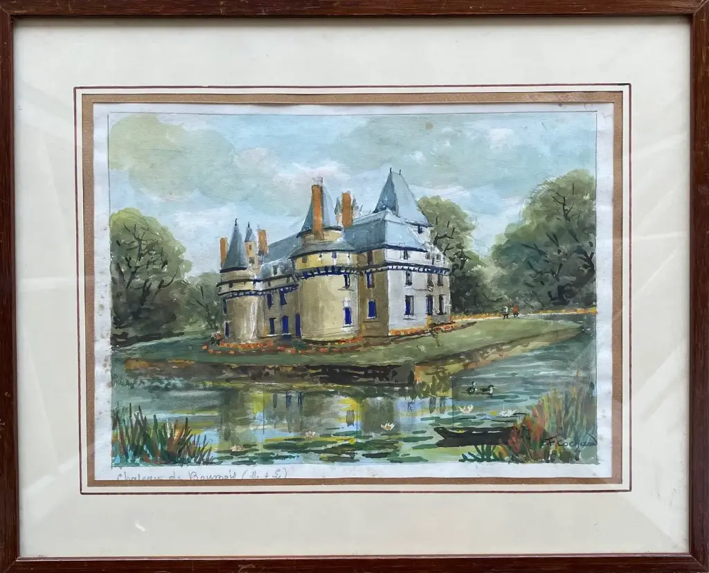 Aquarelle ancienne signée, encadrée sous verre, début XXème, château de Boumois.                                                          Old signed watercolor, framed under glass, early 20th century, Boumois castle.