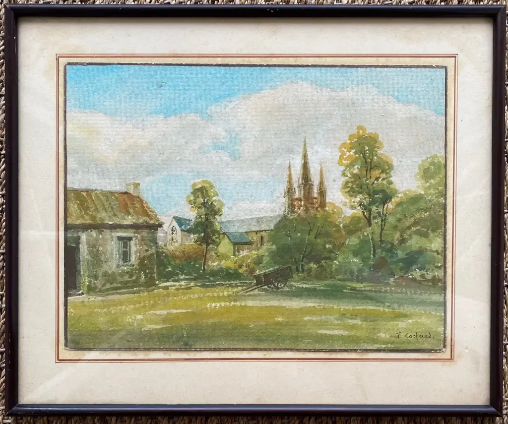 Aquarelle ancienne signée encadrée sous verre, début XXème, église Bretonne.                                                         Old signed watercolor framed under glass, early 20th century, Breton church.