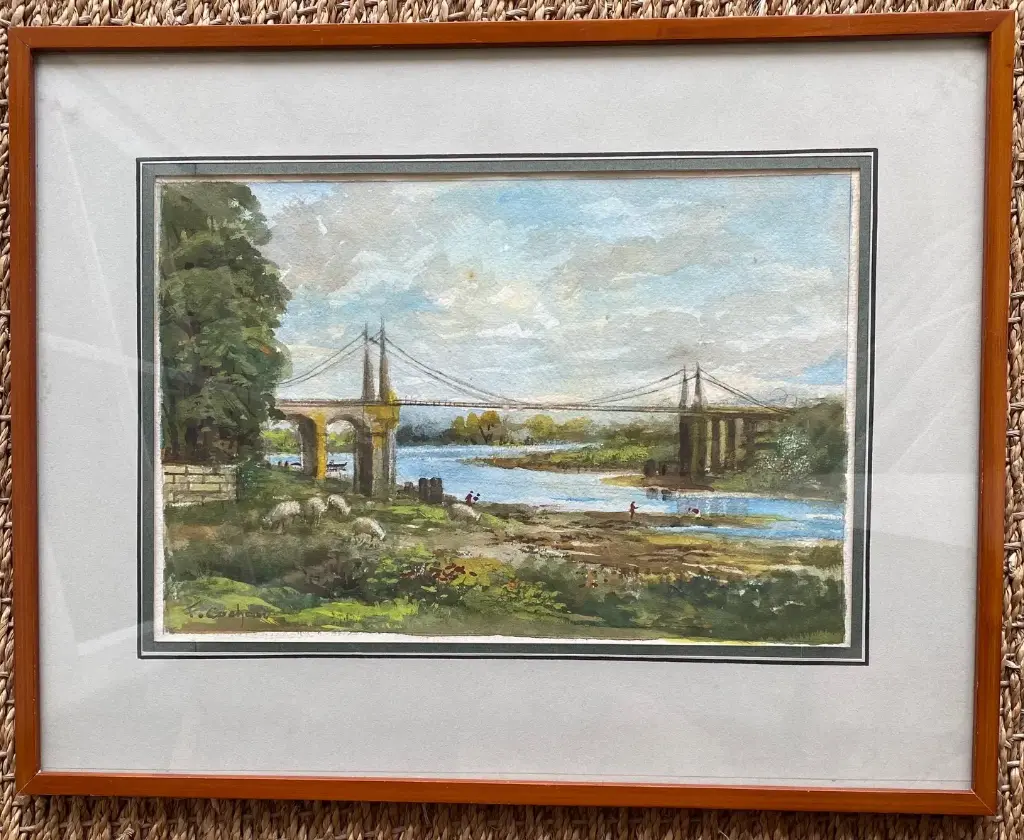 Aquarelle ancienne signée encadrée sous verre, début XXème, un pont et pécheurs.                                                        Old signed watercolor framed under glass, early 20th century, a bridge and fishermen.
