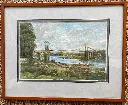 Aquarelle ancienne signée encadrée sous verre, début XXème, un pont et pécheurs.                                                        Old signed watercolor framed under glass, early 20th century, a bridge and fishermen.