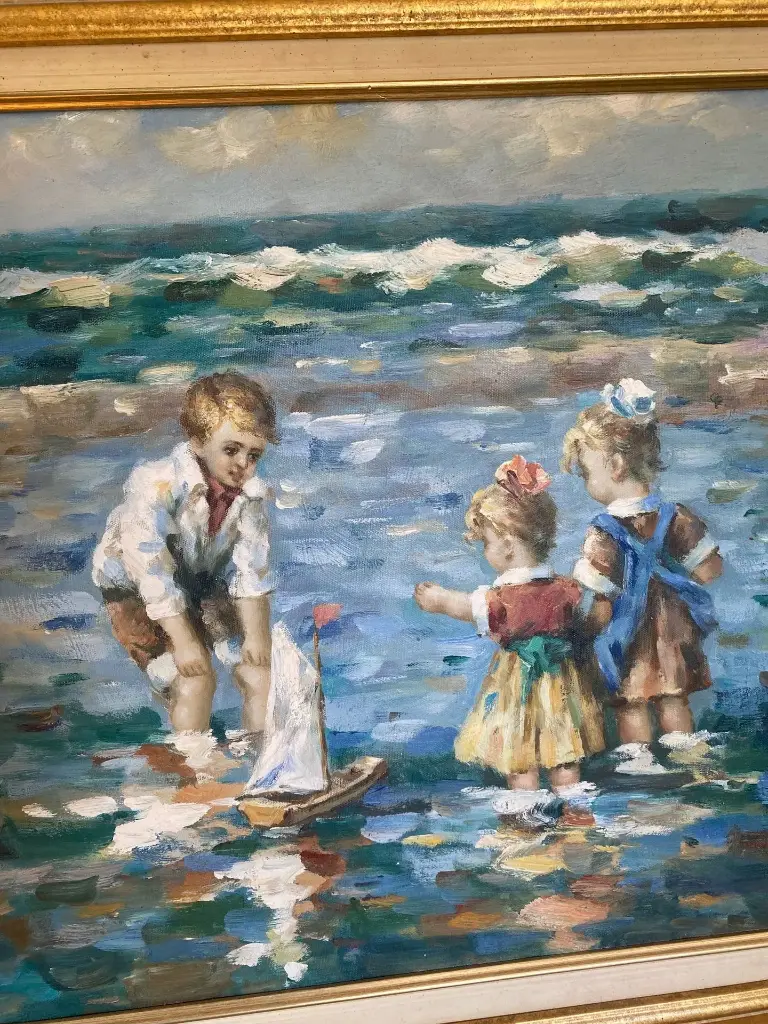 Francis Cristaux (1950) - Jeux de plage, huile sur toile signée, belle taille.   Francis Cristaux (1950) - Beach Games, signed oil on canvas, good size.