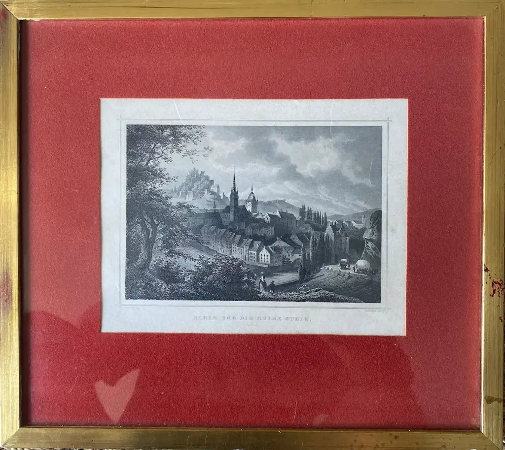 Gravure ancienne, 1860, Baden, par FESCA ROHBOCK éd. KRÜSI, encadré, sous verre.                                                  Antique engraving, 1860, Baden, by FESCA ROHBOCK ed. KRÜSI, framed, under glass.