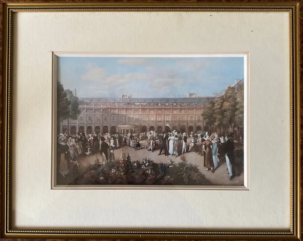 Gravure XIXème Paris, polychrome, encadré, sous verre, "Les jardins du Palais"                                                                         19th century engraving, Paris, polychrome, framed, under glass, "The Palace Gardens"