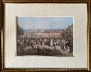 Gravure XIXème Paris, polychrome, encadré, sous verre, "Les jardins du Palais"                                                                         19th century engraving, Paris, polychrome, framed, under glass, "The Palace Gardens"