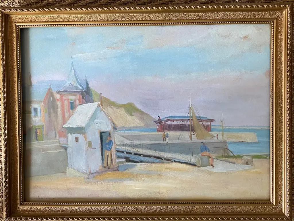 Tableau ancien signé, André Dudouit, décor de Normandie, cabane de pêcheur. 1938.                                     Antique painting signed by André Dudouit, Normandy setting, fisherman's hut. 1938