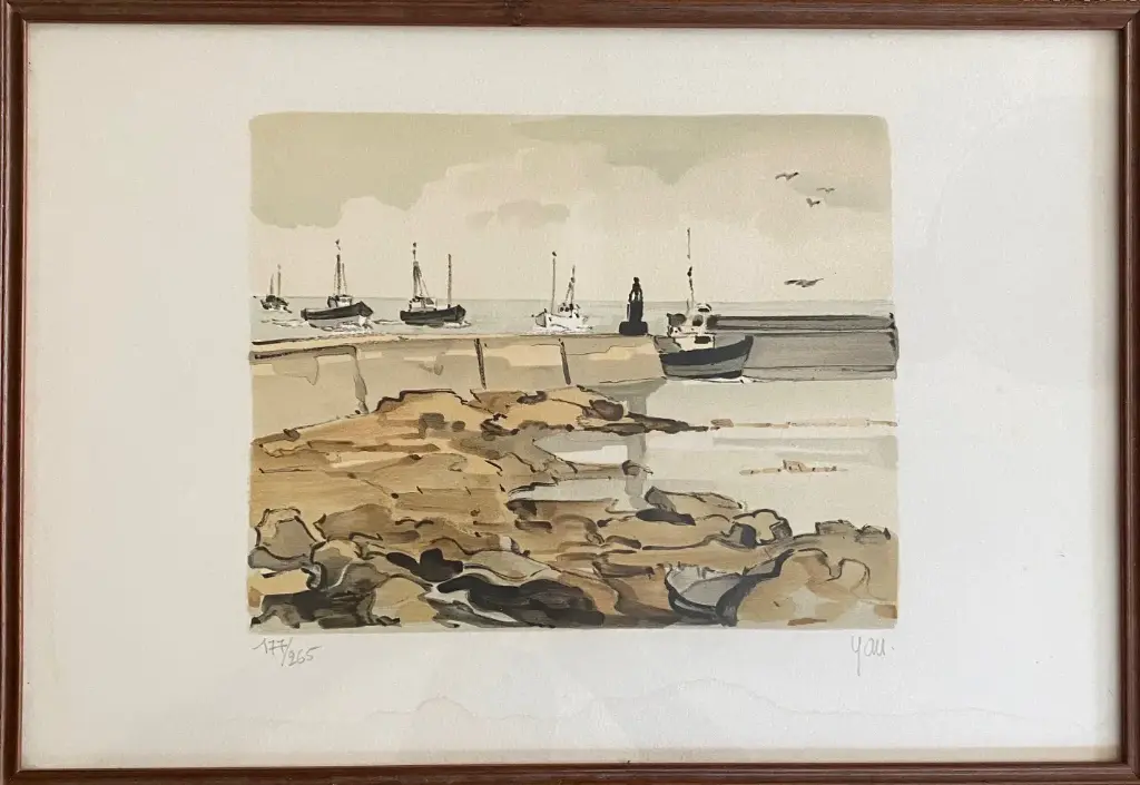Lithographie marine signée, Robert YAN, numérotée, encadrée sous verre. Bretagne.                                               Marine lithograph signed, Robert YAN, numbered, framed under glass. Brittany