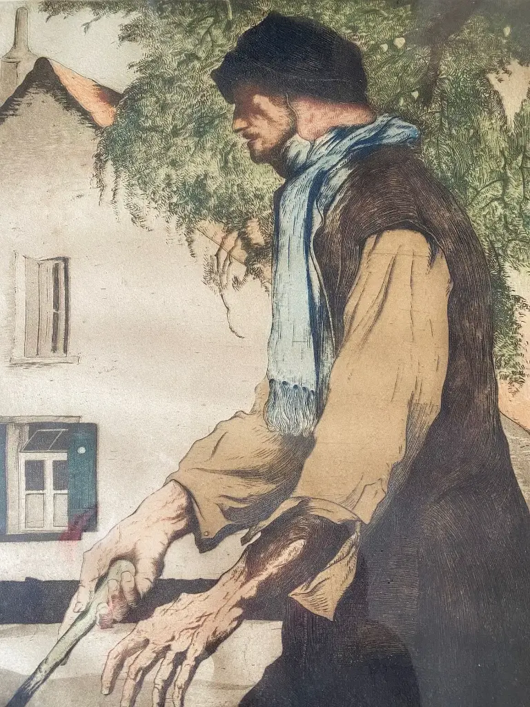 Gravure ancienne signée, Maurice Langaskens, encadrée sous verre, 1935, original.                                                     Antique signed print by Maurice Langaskens, framed under glass, 1935, original.