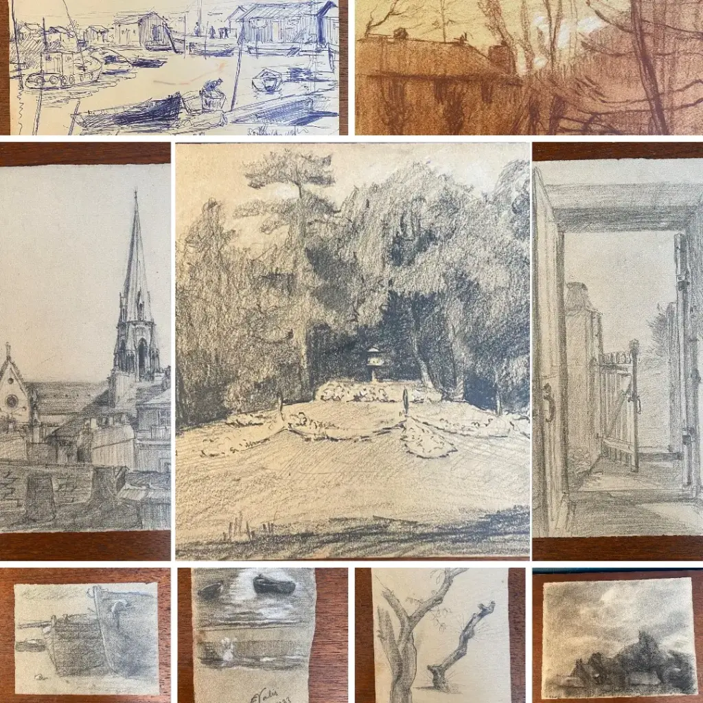 Ancien dessin signé, Edmond Valès, peintre orientaliste, ensemble de 9 épreuves.                                                      Old signed drawing by Edmond Valès, an Orientalist painter; a set of 9 prints.