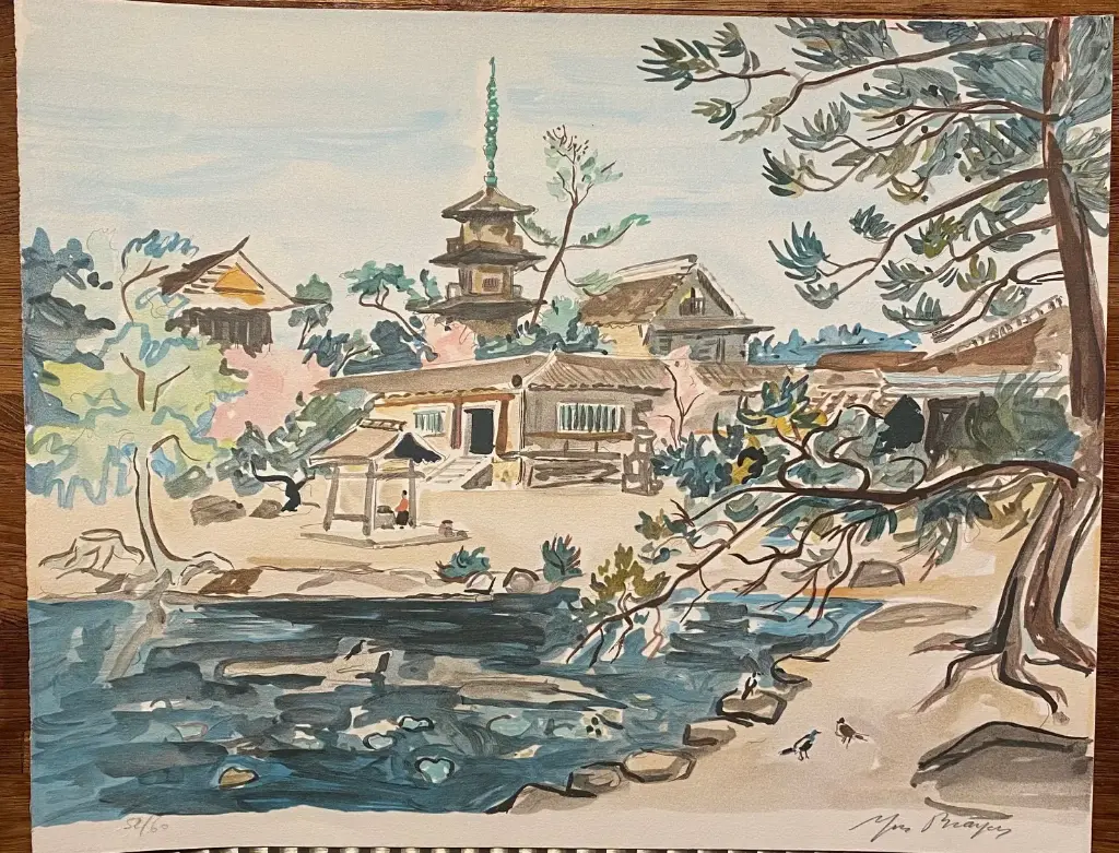 LITHOGRAPHIE ancienne Y. Brayer, signé, numéroté, 52/60, paysage du Japon, 1971.                                          Vintage lithograph by Y. Brayer, signed, numbered 52/60, Japanese landscape, 1971.
