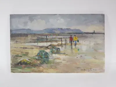 Huile sur toile, Bretagne, tableau signé, plage, mer, pêche.                                       Oil on canvas, Brittany, signed painting, beach, sea, fishing.