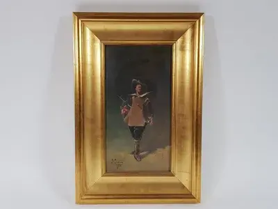 Huile sur panneau, début XIXème, signée R. Guiraud. 30x15cm.                    Oil on panel, early 19th century, signed R. Guiraud. 30x15cm.