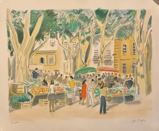 Lithographie signée Yves Brayer, Le Marché de Cordes sur Ciel, village Occitan ou à vécu l'artiste. Sur papier Japon, elle mesure 65cmx50cm . vraiment superbe. Numéroté e t monogrammée EA pour épreuve d'artiste. De 1975.                                                 Lithograph signed Yves Brayer, Le Marché de Cordes sur Ciel, Occitan village where the artist lived. On Japanese paper, it measures 65cmx50cm. really superb. Numbered and monogrammed EA for artist's proof. From 1975.