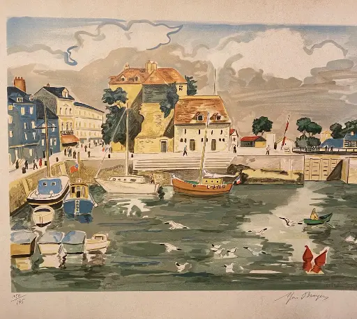 Lithographie originale signée Yves Brayer, "Le port d'Honfleur" en Normandie; Numéroté et mesurant 65cm par 50cm. Rare.                      Original lithograph signed Yves Brayer, "The port of Honfleur" in Normandy; Numbered and measuring 65cm by 50cm. Rare.