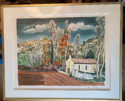 Lithographie Yves Brayer "La chapelle de Cordes sur ciel" signée, numérotée et encadrée sous verre à relief. Baguette en laiton. Elle mesure 85x70 et est en superbe état. Une pure merveille pour l'une de ces dernière œuvre du village ou il finit ces jours.                             Lithograph by Yves Brayer "La chapelle de Cordes sur ciel" signed, numbered, and framed under relief glass. Brass rod. It measures 85x70 and is in superb condition. A pure marvel for one of his last works from the village where he ended his days.