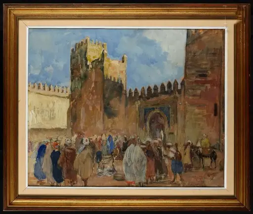 Henri PONTOY (Reims 1888 - Six-Fours-les-Plages 1968)
Marché devant des remparts d'une casbah, Sud Marocain
Aquarelle et gouache sur papier 
44 x 54 cm 
Signé et dédicacé en bas à droite Pontoy  à Madame Delrue, respectueux hommages.                                                  Henri PONTOY (Reims 1888 - Six-Fours-les-Plages 1968) Market in front of the ramparts of a casbah, South Morocco Watercolor and gouache on paper 44 x 54 cm Signed and dedicated lower right Pontoy to Madame Delrue, respectful tributes.