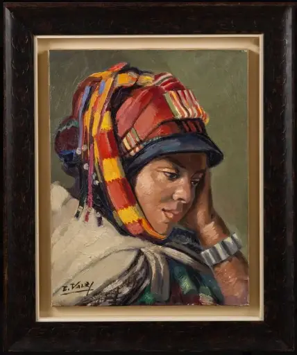 Edmond VALES (Paris 1918 - 2001) Femme d'Azrou Huile sur toile 35 x 27 cm Signé en bas à gauche E. Vales  Porte au dos les mentions manuscrites : E. Vales Meknès Maroc Femme d'Azrou.  Edmond VALES (Paris 1918 - 2001) Woman of Azrou Oil on canvas 35 x 27 cm Signed lower left E. Vales Bears on the back the handwritten mentions: E. Vales Meknès Morocco Woman of Azrou.