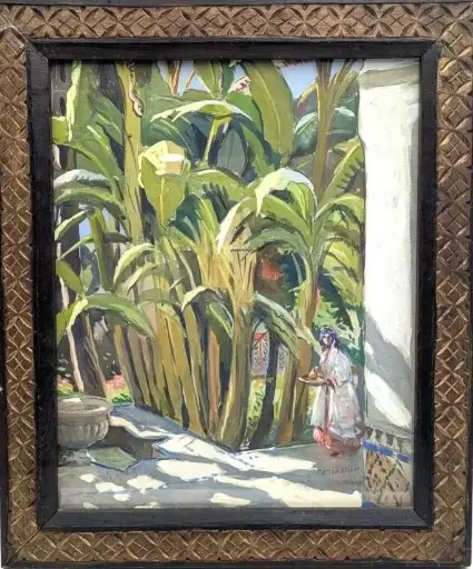 BRONDY Matteo (1866-1944). Paysage orientale animé. Aquarelle rehaussée de gouache. Signé en bas à droite.  Dimensions :  40,5 cm x 33 cm.      BRONDY Matteo (1866-1944). Animated oriental landscape. Watercolor enhanced with gouache. Signed lower right. Dimensions: 40.5 cm x 33 cm.