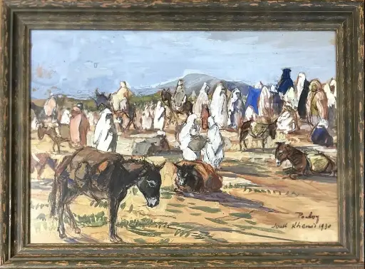 Henri Jean PONTOY (1888-1968).
Le souk de Bab el Khémis animé de personnages. 
Gouache sur papier, signée, située et datée 1930 en bas à droite. 
28,5 x 40,5 cm.                           Henri Jean PONTOY (1888-1968). The Bab el Khémis souk animated by characters. Gouache on paper, signed, located and dated 1930 lower right. 28.5 x 40.5 cm.