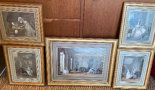 Suite de 5 lithographies du XIXème, polychrome réhaussées, encadré et sous verre. Par Nicolas Lavreince ( 1737-1807 Stockholm).                          Set of 5 19th century polychrome lithographs, enhanced, framed and under glass. By Nicolas Lavreince (1737-1807 Stockholm)