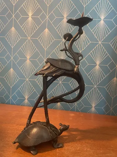 BRONZE ancien XIXème, GRUE SUR TORTUE MINOGAME, chine japon XIXe.   Antique 19th century bronze, crane on turtle, MINOGAME, China, Japan, 19th century