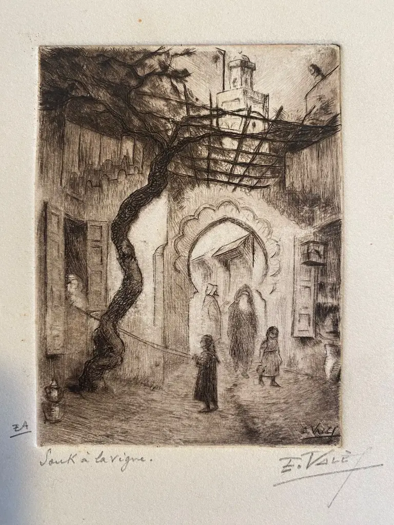 Superbe gravure signée Edmond Valès, épreuve d'artiste unique. Intitulée Souk à la vigne. 25cmx30cm pour 10x12cm de dessin. Pièce unique introuvable.   Superb etching signed Edmond Valès, unique artist's proof. Titled Souk à la vigne. 25cmx30cm for 10x12cm drawing. Unique piece, hard to find.