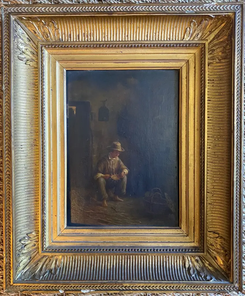 Huile sur panneau XVIIIème siècle, école Française. " Le vannier" , œuvre signée mais illisible. Cadre d'origine et d'époque en bois et stuc doré.
Dimension hors tout 43x36 et 25x18 pour la peinture. Très élégant et taille idéale. Une merveille.                                                                                      Oil on panel, 18th century, French school. "The basket maker", signed but illegible. Original period frame in wood and gilded stucco. Overall dimensions 43x36 and 25x18 for the painting. Very elegant and ideal size. A marvel.