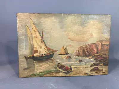 Huile sur toile, Bretagne, tableau signé, plage, mer. Datée de 1947.                        Oil on canvas, Brittany, signed painting, beach, sea. Dated 1947.