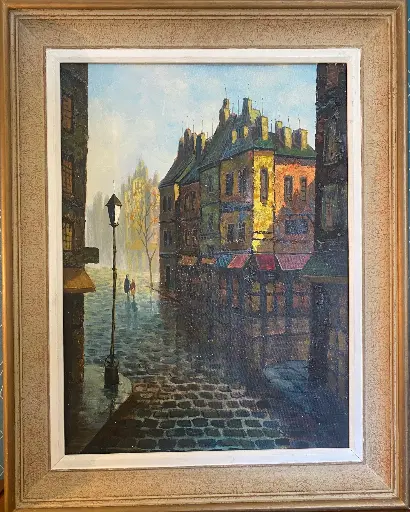 Huile sur toile, école moderne du XXème, signé Faure. Vue de Paris. ou Londres.                                                               Oil on canvas, 20th century modern school, signed Faure. View of Paris or London.